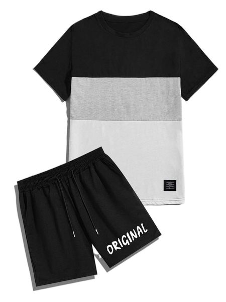 men colorblock patch decor tee & letter graphic drawstring waist shorts c8ti#, Gray
men colorblock patch decor tee & letter graphic drawstring waist shorts c8ti#, Gray