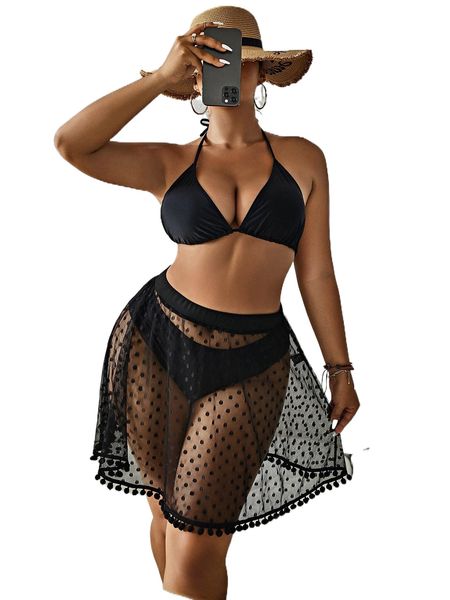 plus polka dot mesh pompom trim cover up skirt without bikini set n78j#, Black
plus polka dot mesh pompom trim cover up skirt without bikini set n78j#, Black