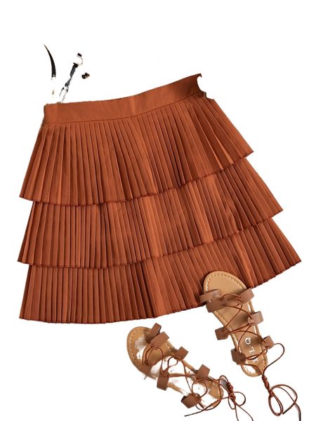 solid pleated layered hem skirt d7p9#, Black