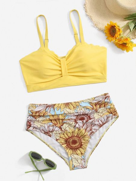 plus floral print scallop trim bikini swimsuit c9nt#, White;black