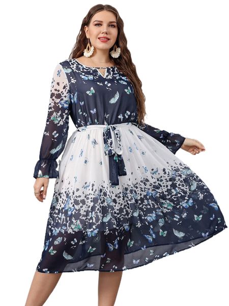 plus butterfly print keyhole neck flounce sleeve belted chiffon dress n124#, Black
plus butterfly print keyhole neck flounce sleeve belted chiffon dress n124#, Black
