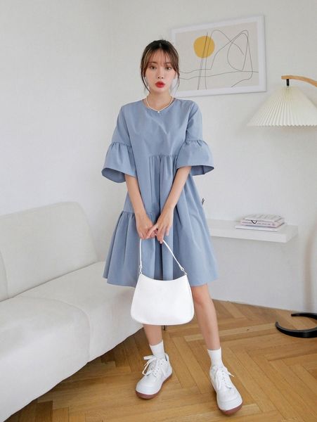 dazy flounce sleeve solid smock dress y1gw#, Black;gray 
dazy flounce sleeve solid smock dress y1gw#, Black;gray