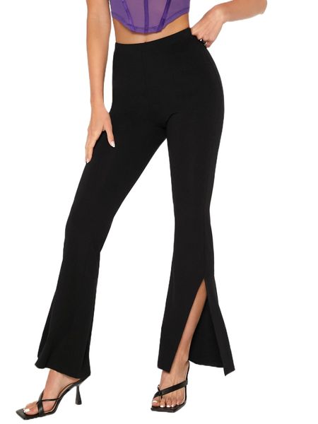 high waist split hem flare leg pants s0sp#, Black;white 
high waist split hem flare leg pants s0sp#, Black;white