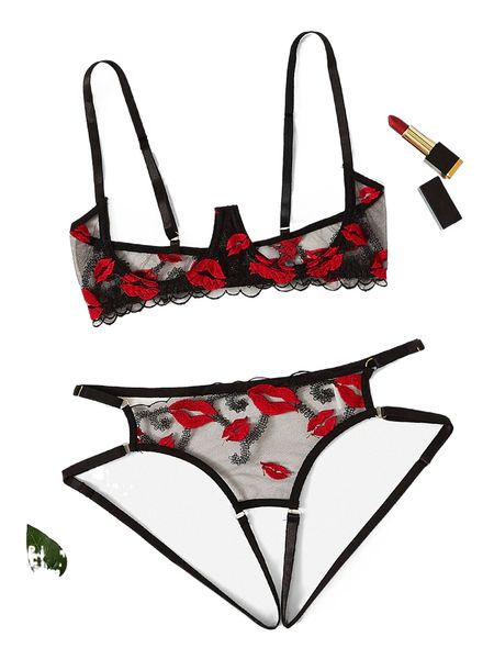 lip embroidered mesh underwire lingerie set u3bf#, Black;red
lip embroidered mesh underwire lingerie set u3bf#, Black;red