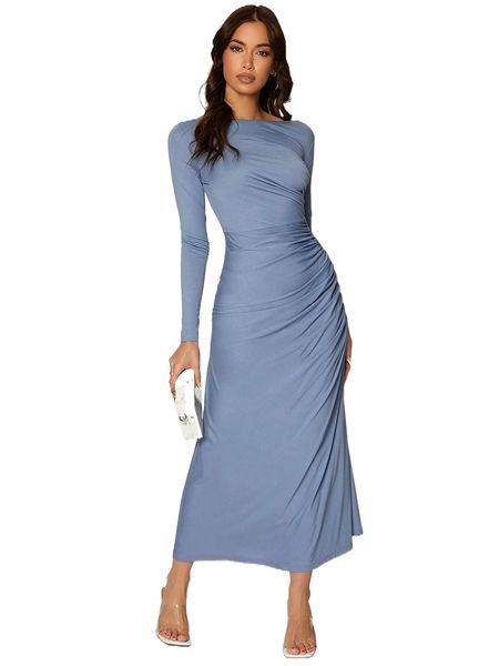 solid ruched side dress j6lc#, Black;gray 
solid ruched side dress j6lc#, Black;gray