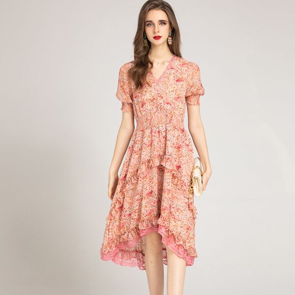 women's runway dresses v neck short sleeves printed ruffles lace piping fashion hi low casual dress, Black
women's runway dresses v neck short sleeves printed ruffles lace piping fashion hi low casual dress, Black