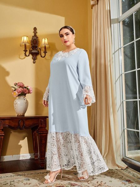 plus appliques contrast lace flounce sleeve ruffle hem dress without belt w1dk#, Black
plus appliques contrast lace flounce sleeve ruffle hem dress without belt w1dk#, Black