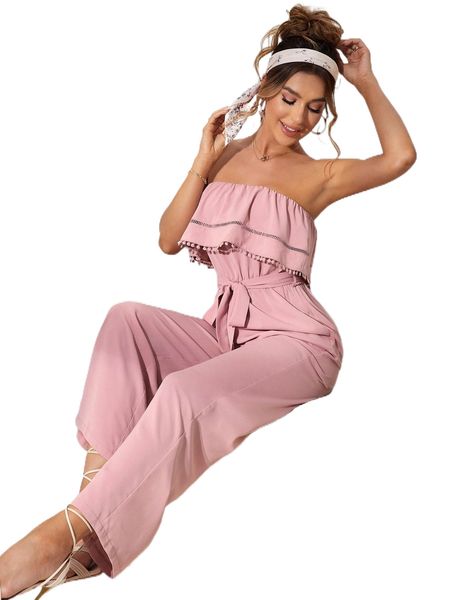 guipure lace insert pom pom trim belted tube jumpsuit u4b9#, Black;white