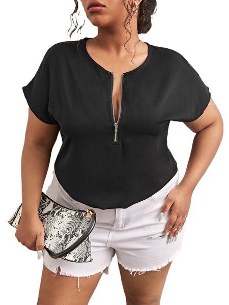 plus dolman sleeve half zip blouse i7hz#, Black