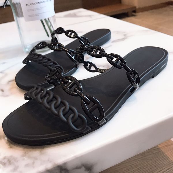 famous designer chains slippers women flats heel three band jelly sandals casual style beach flip flip flops ladies slides, Black
famous designer chains slippers women flats heel three band jelly sandals casual style beach flip flip flops ladies slides, Black