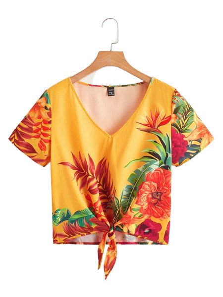 tropical print tie front 86ls#, White