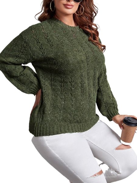 plus drop shoulder pointelle knit sweater c01t#, Black