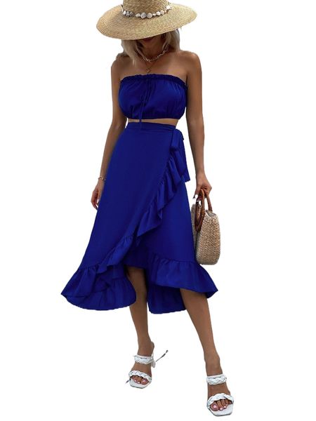 frill tube & knot ruffle hem wrap skirt l3a6#, White