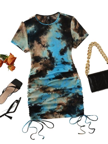 plus drawstring ruched side tie dye dress q1es#, Black
plus drawstring ruched side tie dye dress q1es#, Black