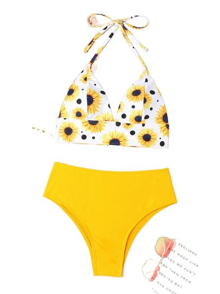 sunflower print halter bikini swimsuit 41d8#, White;black 
sunflower print halter bikini swimsuit 41d8#, White;black