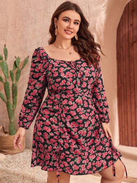 plus floral print knot front drawstring dress q9sl#, Black
plus floral print knot front drawstring dress q9sl#, Black