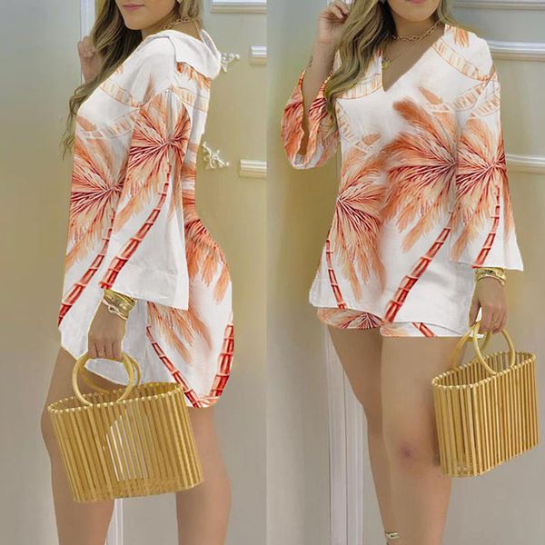 women 2pcs set hawaiian palm printed t shirts and shorts set summer short sleeve v-neck casual streetwear outfit for woman 220524, White
women 2pcs set hawaiian palm printed t shirts and shorts set summer short sleeve v-neck casual streetwear outfit for woman 220524, White