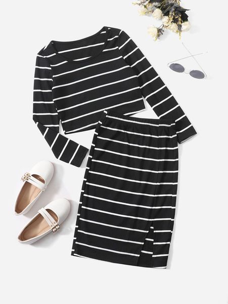 sheen girls stripe rib knit t-shirt and skirt set with split hem she, White 
sheen girls stripe rib knit t-shirt and skirt set with split hem she, White