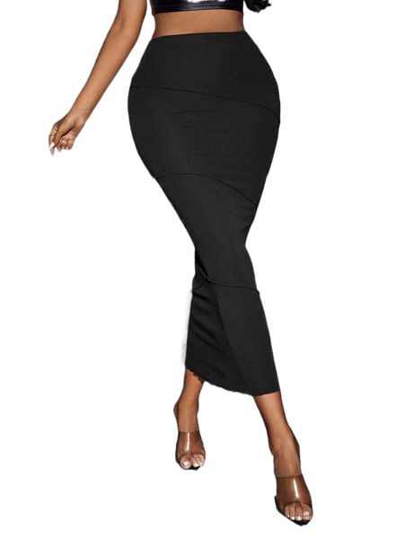 sxy high waist seam detail lettuce trim pencil skirt k1aa#, Black
sxy high waist seam detail lettuce trim pencil skirt k1aa#, Black