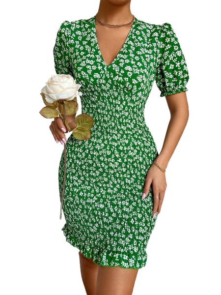 ditsy floral print shirred ruffle hem dress e21a#, Black;gray 
ditsy floral print shirred ruffle hem dress e21a#, Black;gray