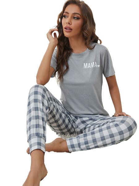 letter graphic tee & gingham pants pajama set m6rp#, Black;red
letter graphic tee & gingham pants pajama set m6rp#, Black;red