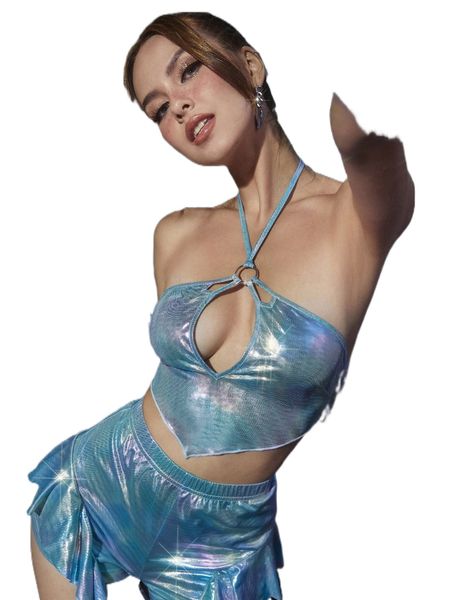 holographic ring linked cut out tie backless halter 79oq#, White
holographic ring linked cut out tie backless halter 79oq#, White