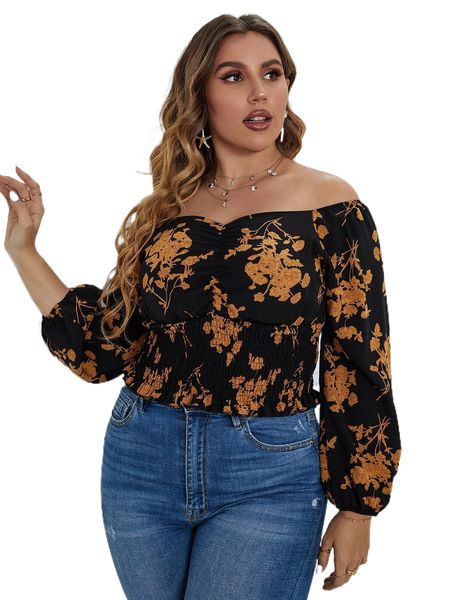plus floral print off shoulder lantern sleeve shirred blouse l8az#, Black 
plus floral print off shoulder lantern sleeve shirred blouse l8az#, Black