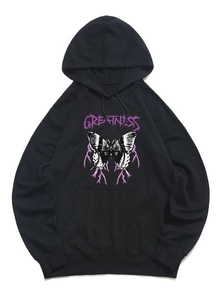 men butterfly and letter graphic kangaroo pocket drawstring hoodie f7fg#, Black