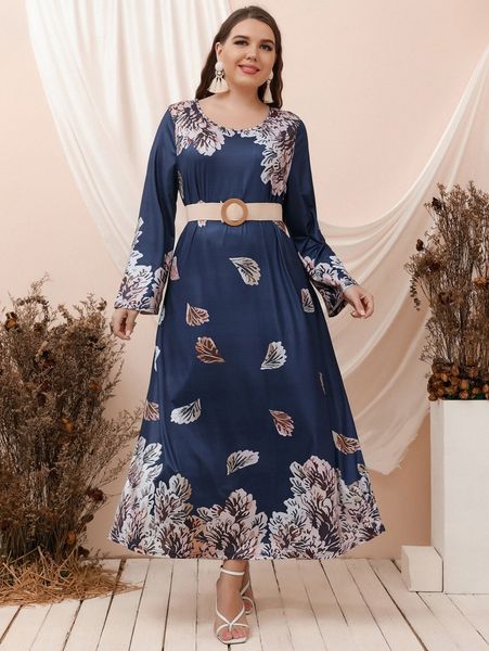 plus plant print dress without belt a97v#, Black