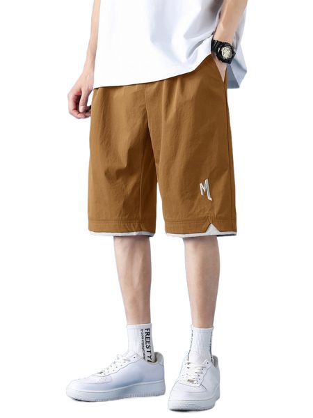 men letter embroidery drawstring waist 2 in 1 shorts g9cx#, White;black