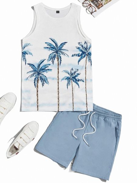men coconut tree print tank & drawstring waist shorts 43za#, Gray
men coconut tree print tank & drawstring waist shorts 43za#, Gray