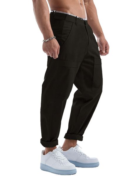 men solid slant pocket pants p9wt#, Black