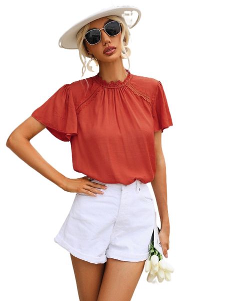 guipure lace panel butterfly sleeve blouse l00z#, White
