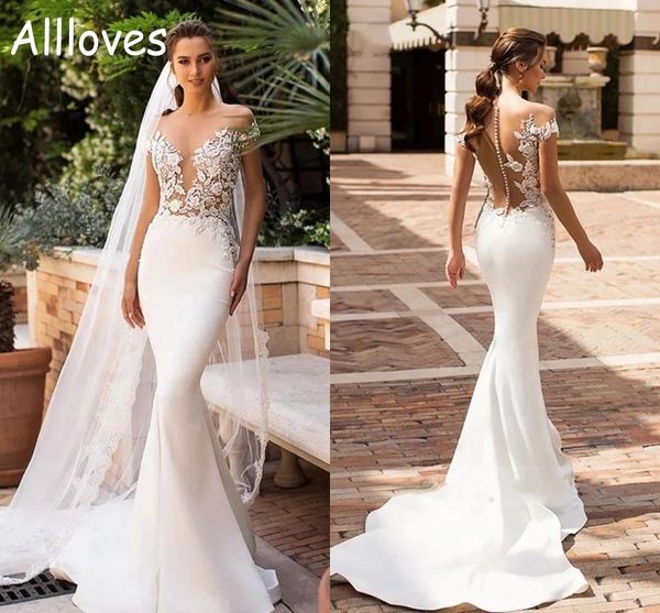 sheer jewel neck mermaid bridal gowns lace appliqued cap sleeves illusion buttons back wedding dresses fashion satin skirt beach boho vestid, White
sheer jewel neck mermaid bridal gowns lace appliqued cap sleeves illusion buttons back wedding dresses fashion satin skirt beach boho vestid, White