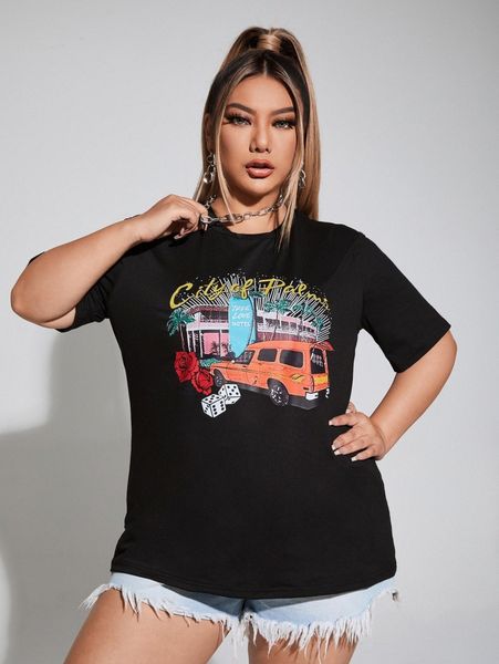 plus letter & car print tee 93mh#, Black