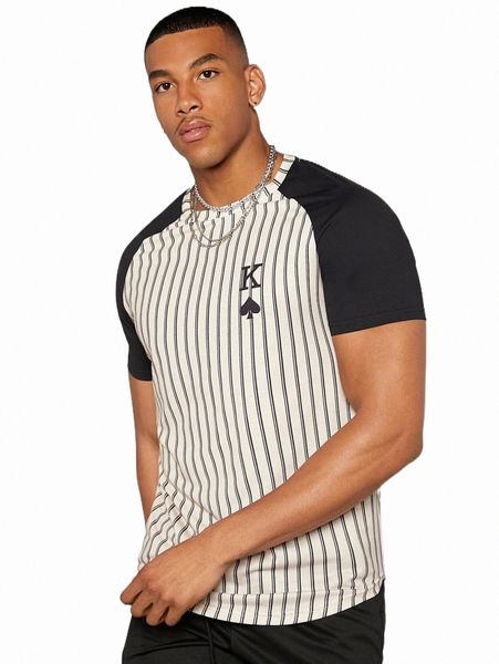 men raglan sleeve striped & playing card print tee & shorts y9w8#, Gray 
men raglan sleeve striped & playing card print tee & shorts y9w8#, Gray