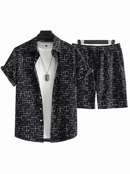 men geo print shirt & drawstring waist shorts without tee v8et#, Gray 
men geo print shirt & drawstring waist shorts without tee v8et#, Gray