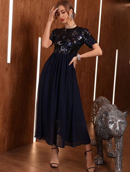 contrast sequin keyhole back chiffon formal dress x9fi#, Black;gray