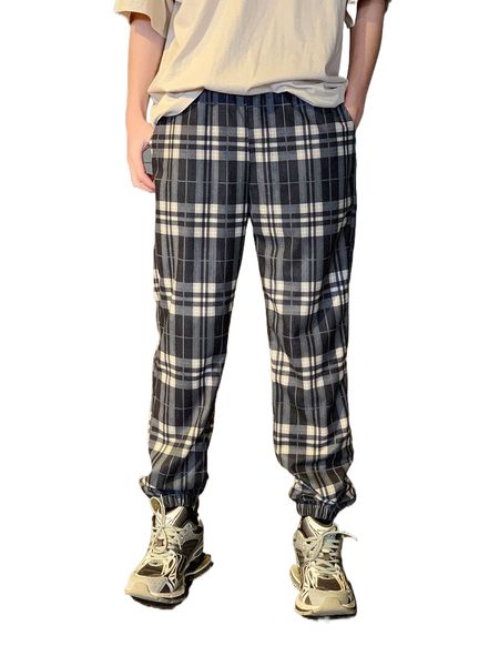 men plaid print slant pockets joggers m1vi#, Black 
men plaid print slant pockets joggers m1vi#, Black