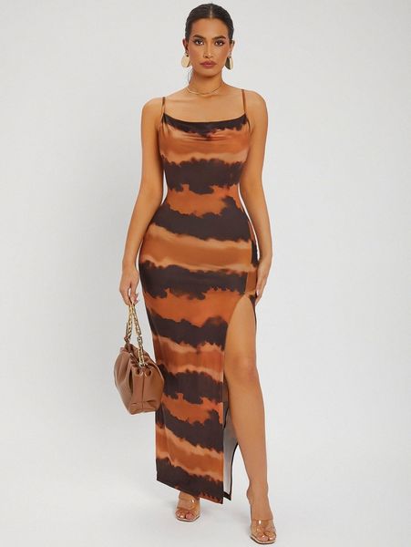 sxy tie dye split thigh backless dress q84j#, Black;gray