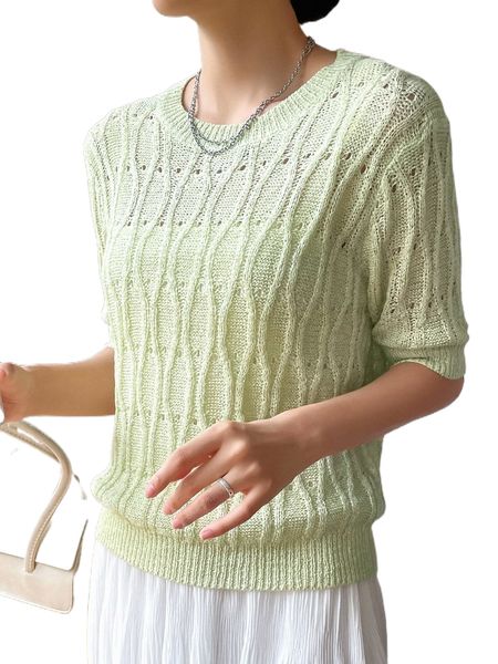 dazy solid round neck pointelle knit g3sh#, White;black