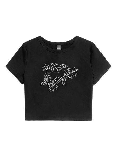 x heremeow rhinestone unicorn pattern tee 58jn#, White 
x heremeow rhinestone unicorn pattern tee 58jn#, White