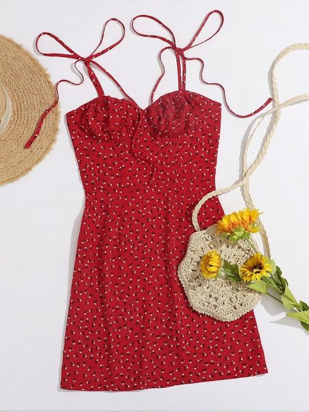 tie shoulder ruched bust ditsy floral cami dress p5jb#, Black;gray