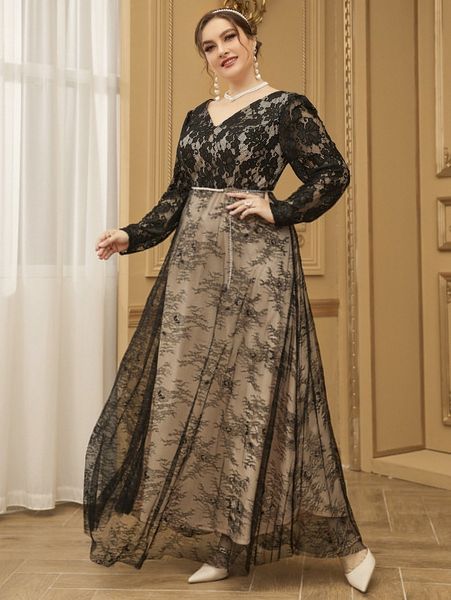 plus lace belted prom dress k9mg#, Black
