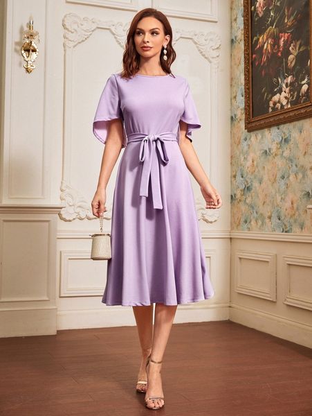 slit flounce sleeve belt dress s262#, Black;gray 
slit flounce sleeve belt dress s262#, Black;gray