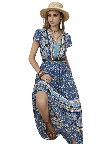 rusttydustty floral print petal sleeve contrast lace dress without belt b315#, Black;gray
rusttydustty floral print petal sleeve contrast lace dress without belt b315#, Black;gray