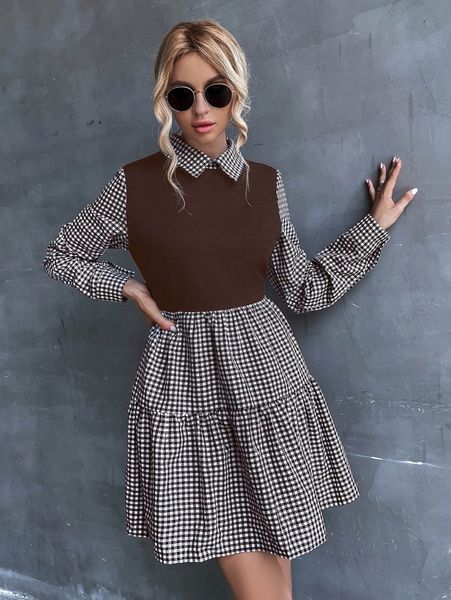 gingham print ruffle hem dress 34ju#, Black;gray