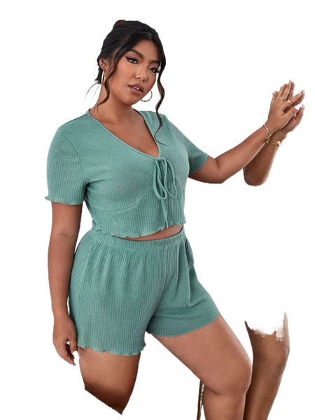 plus knot front lettuce trim pj set k9xl#, Black;white
plus knot front lettuce trim pj set k9xl#, Black;white