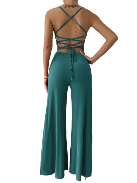 lace up tied backless wide leg jumpsuit 916v#, Black;white