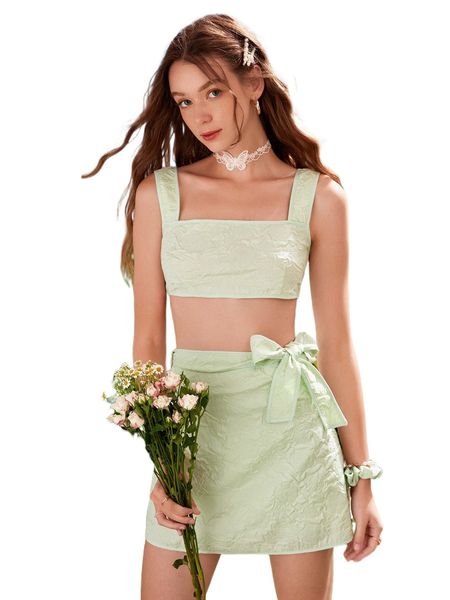 jacquard cami & tie front skirt set d2la#, White